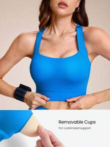 GLOWMODE Top corto de diseño cruzado, con copas extraíbles, de tela suave y compresiva, sin transparencia, con soporte y brillo, ideal para yoga, pilates y actividades diarias de bajo impacto, tallas grandes (DD+) - Blue Power - Ver 6