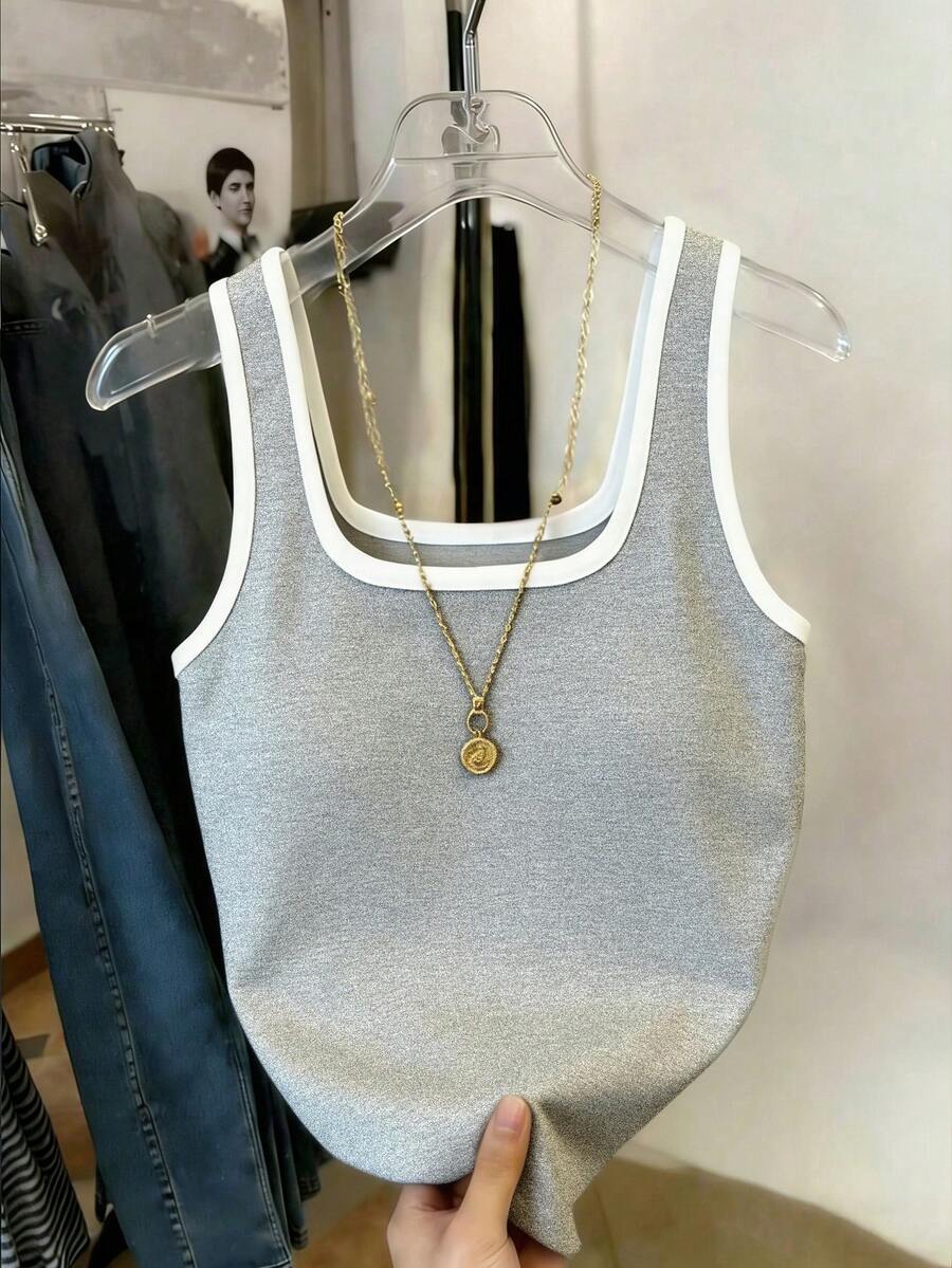 SHEIN Women's Casual Contrast Color Versatile Daily Wear Top - Light Grey - View 1