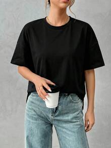 SHEIN Essnce 柔软纯棉女士简约基础款短前长后长时尚T恤，适合外出、搭配、旅行和度假。 - 黑色 - 查看 6