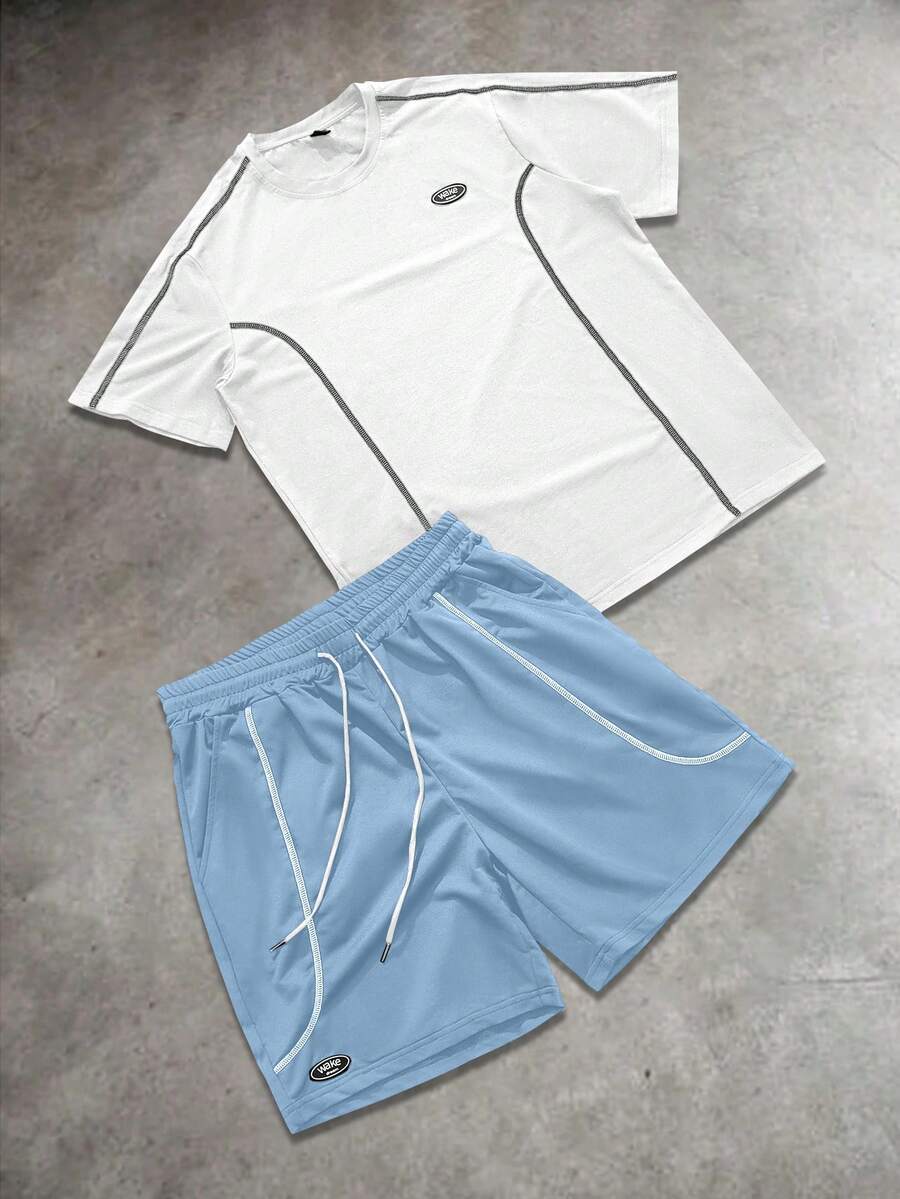 Manfinity EMRG Men's Letter Print Short Sleeve T-Shirt And Drawstring Waist Shorts Casual Suit - Multicolor - View 1