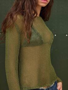 COUREZ SLASH NECK OPEN HOLE KNITTED SWEATER - Green - View 6