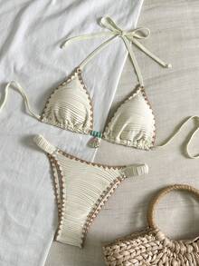 Swim Chiccia Women's Summer Beach Patchwork Halter Tie Sexy Bikini Swimwear Set - Beige - View 1