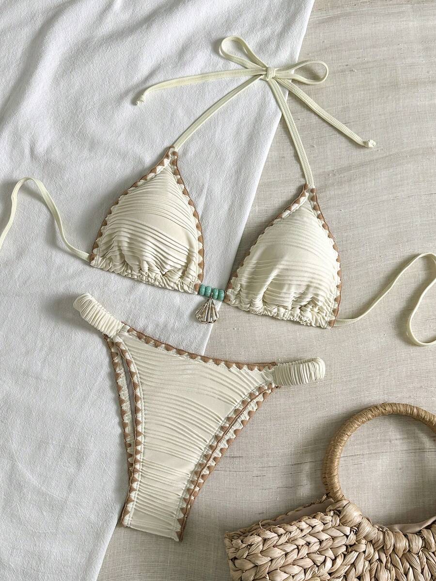 Swim Chiccia Women's Summer Beach Patchwork Halter Tie Sexy Bikini Swimwear Set - Beige - View 1