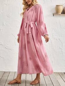 Breezaya 优雅百搭通勤腰带宽松度假印花灯笼袖V领粉色长连衣裙，女士春夏款 - 粉色 - 查看 3
