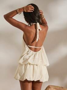 Opulessa Women's Fashion Halter Neck Mini Dress With Floral Hem Night Out,Romantic Syle,Elegant Style,Elegant Dress For Women,Bohemian Outfits, Ibiza Outfits, Western Style,Summer Holiday Outfits ,Holiday Outfits For Women,Holiday,Vacation Outfits For Women - Apricot - View 2