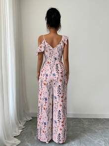 Arcane Artistry Women's Elegant Asymmetric Ruffle Collar Vacation Wide Leg Printed Jumpsuit Birthday Dress For Women Prom Best Selling Dresses Wedding Guest Dress Women Floral Bohemian Outfit For Women Dress Boho Occasion Jumpsuit For Women Off Shoulder Floral Jumpsuit Floral Wide Leg Jumpsuit Floral Jumpsuit For Women Spring Floral Jumpsuit Zanea Dress For Woman Yisikado Dress - Pink - View 2