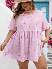 SHEIN CURVE+ Curve 尺码 US22 音乐节、海滨度假、波西米亚风女士蝴蝶结条纹圆领短袖印花休闲上衣，适合日常穿着，波西米亚风格/波西米亚风，假日、度假、夏季海滩、婚礼宾客、休闲夏季衬衫 - 粉色 - 查看 8