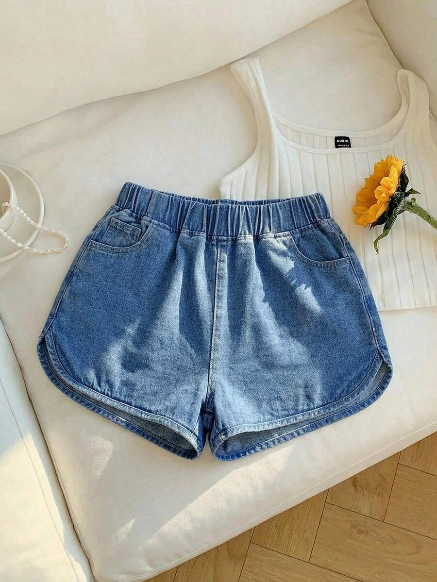 Rivivi 松紧腰牛仔短裤，休闲度假 - 藍色 - 查看 1