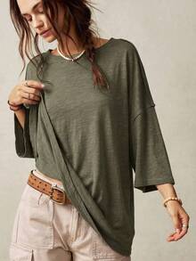 Bohemela Casual Solid Color Knit Round Neck 3/4 Sleeve Loose Washed T-Shirt - Olive Green - View 3