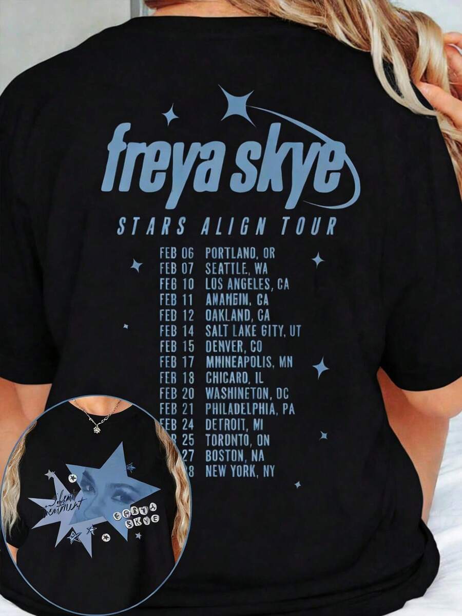 EMERY ROSE 双面复古 Freya Skye Silent Treatment T 恤,Stars Align Tour 2026 音乐节 T 恤,Channel Zombies 4 Nova Bright,Freya Skye 演唱会音乐,粉丝礼物,送给她的礼物,送给他的礼物 - 藏蓝色 - 查看 1