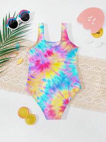 SHEIN 年轻女孩扎染可爱独角兽印花连体泳衣，休闲简约，适合夏季 - 彩色 - 查看 3