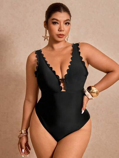 Elaquor Plus Size Black Elegant Minimalist Ruffle V-Neck One-Piece Swimsuit