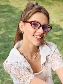 1副女士休闲复古猫眼红色小框素面眼镜，适合日常佩戴和街拍 - 多色 - 查看 18