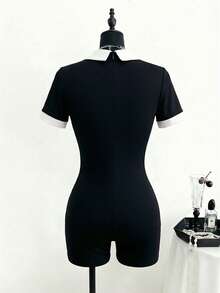 Lalippa Women's Black Fabric Collar Short Sleeve Unitard Casual Short Plain Jumpsuit With Zipper Detail - Black - View 3