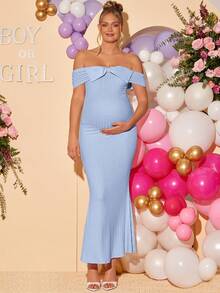 Loomaby Maternity Solid Color Bow Decor Fitted Off-Shoulder Dress - Blue - View 3