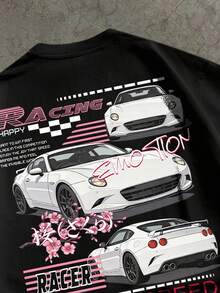 Manfinity ZONE917 宽松街头风日本樱花跑车标语印花黑色短袖T恤，适合夏季穿着，送朋友的礼物 - 黑色 - 查看 2