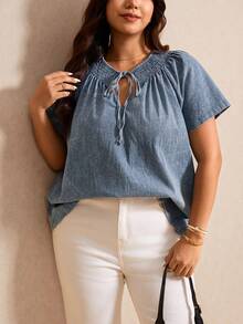 Elaquor Plus Size Dark Blue Summer Boho Vacation Washed Drawstring Blouse, Casual Business Office Work Travel Blouse For Women, Modern Top For Woman - Blue - View 7