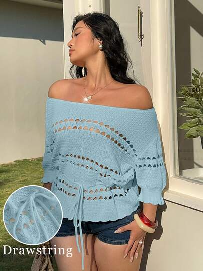 Sunnyshic Blusa casual, elegante y romántica para uso diario, paseo o vacaciones. Diseño versátil con hombros descubiertos, mangas cortas, cordón ajustable y volantes. Suéter de punto y ganchillo en color albaricoque, talla grande, para primavera y verano.