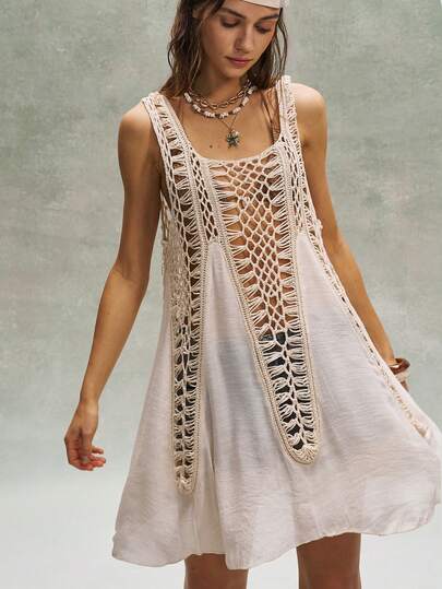 Bohemela Asymmetrical Knit Patchwork Sleeveless Dress, Handmade Hollow-Out Knit Vest Top Short Dress, Sexy Retro Camisole Dress For Summer Vacation