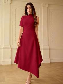 ZEYLAH Women's Solid Color Asymmetric Hem Slip Dress, Spring/Summer - Red - View 5