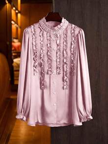 Modelyn Blusa elegante de talla grande de manga larga, cuello alto y ajustada con volantes de unicolor, para primavera/otoño - Rosa Pálido - Ver 3
