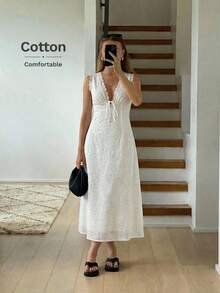Easowa Đầm midi dáng chữ A không tay, cổ chữ V, thắt nơ, lưng hở, phối ren, chất liệu cotton rỗng, thêu họa tiết, kiểu dáng thoải mái, thanh lịch, thích hợp cho công sở/nghỉ dưỡng cho nữ, trang phục mùa xuân/hè, phong cách boho gợi cảm, đầm dài mùa hè cho nữ, đầm cotton, đầm nghỉ dưỡng, đầm boho cho nữ, đầm mới về cho nữ, đầm hè thường ngày cho nữ, đầm nữ, đầm boho cho nữ, đầm dài thường ngày cho nữ, đầm dài mùa hè thường ngày cho nữ. - trắng - Xem 1