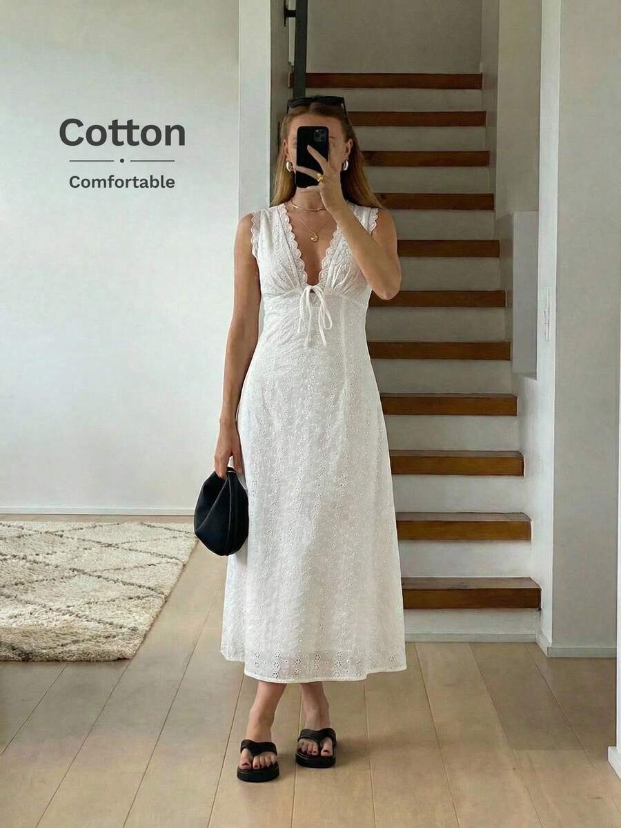 Easowa Đầm midi dáng chữ A không tay, cổ chữ V, thắt nơ, lưng hở, phối ren, chất liệu cotton rỗng, thêu họa tiết, kiểu dáng thoải mái, thanh lịch, thích hợp cho công sở/nghỉ dưỡng cho nữ, trang phục mùa xuân/hè, phong cách boho gợi cảm, đầm dài mùa hè cho nữ, đầm cotton, đầm nghỉ dưỡng, đầm boho cho nữ, đầm mới về cho nữ, đầm hè thường ngày cho nữ, đầm nữ, đầm boho cho nữ, đầm dài thường ngày cho nữ, đầm dài mùa hè thường ngày cho nữ. - trắng - Xem 1