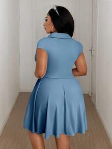 Maweii V-Neck Ruched Bust Short Sleeve Plus Size Shift Dress - Blue - View 4
