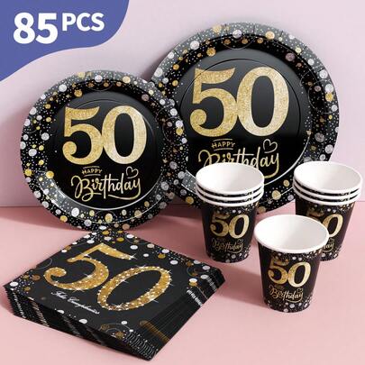 Black Background 50th Starry Party Disposable Plates, Napkins And Cups Set, Serves 20 Guests. This Disposable Party Set (Including Plates, Napkins And Cups) Is Perfect For Birthday Parties, Weddings And Family Picnics.
