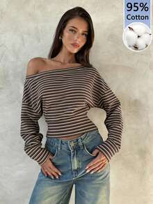 Aloruh 女士百搭复古棕色舒适条纹不对称领性感优雅浪漫T恤，适合外出、街头风、机场穿搭，时尚别致 - 彩色 - 查看 8