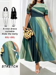 SHEIN CURVE+ Elegant Tie-Dye Flame Green Print Long Dress With Puff Sleeves, Suitable For Graduation Ceremony, Renaissance Fair, Flowy Dress, Spring/Summer, Summer Dresses - Green - View 8