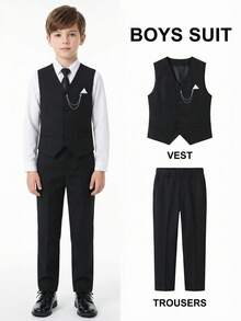 Bộ vest đen 2 món dành cho bé trai tuổi teen, gồm áo vest không tay và quần tây, trang phục lịch sự và trang trọng cho tiệc sinh nhật, sự kiện buổi tối, đám cưới, lễ rửa tội, kỷ niệm, cũng như buổi biểu diễn piano/violin, lễ tốt nghiệp và các dịp trang trọng khác. - màu đen - Xem 10
