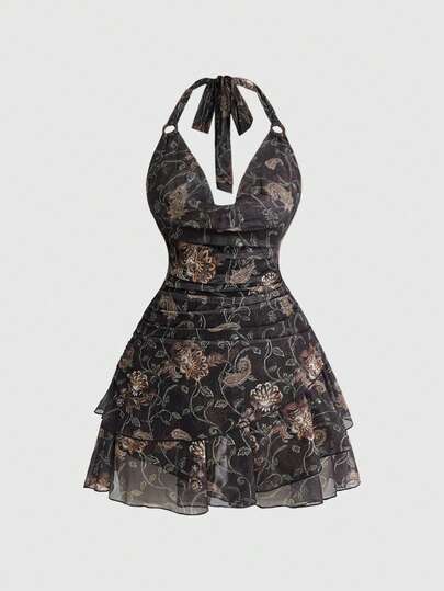 ROMWE Millennium Vintage Hippie Paisley Floral Print Mini Skirt, Plus Size Halter Dress