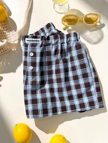 CovetEZ 女士格子纽扣设计休闲宽松短裤 女士度假套装 女士格子短裤 女士夏季套装 女士短裤 夏季女士休闲短裤 - 藍色 - 查看 7