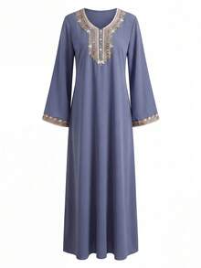 Al Najma Đầm dài tay cổ chữ V dáng rộng in họa tiết kiểu Ả Rập dành cho nữ - Màu xanh bụi bặm - Xem 8