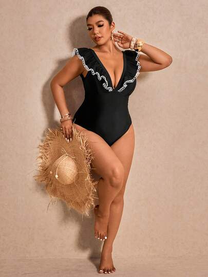 Elaquor Plus Size Ruffled One-Piece Swimsuit For Beach & Resort