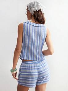 Bohemela 2pcs Women Casual Vacation Woven Striped Tank Top & Shorts Set - Blue - View 7