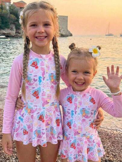 SHEIN 1pc Girls' Mermaid & Underwater World Print Long Sleeve Rash Guard Swimsuit, Ocean Theme Swimwear For Toddler, Young GirlTeens, Infants 2 Pieces Swimsuit, Ages 4-7