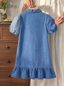 LMoss Kids 女童宽松双色牛仔泡泡袖连衣裙 - 彩色 - 查看 2
