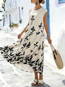 Breezaya 女士休闲度假圆领宽松A字树叶印花长连衣裙，春夏款 - 杏色 - 查看 5