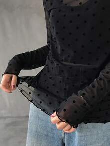 FRIFUL 女士波点印花网纱长袖休闲衬衫 - 黑色 - 查看 6