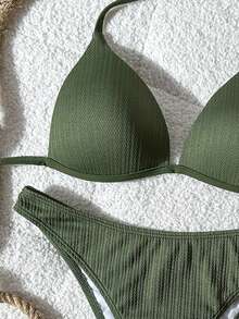 Swim Mod Women's Jacquard Fabric Halter High Cut Bikini Set, Spring/Summer - Army Green - View 3