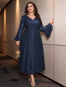 Modelyn 蕾丝性感优雅喇叭袖时尚淑女浪漫奢华派对长裙，V领，红色，大码 - 藍色 - 查看 4
