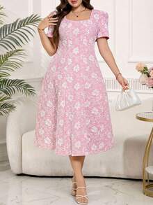 SHEIN Clasi 大码女式花卉刺绣花瓣袖方领优雅浪漫连衣裙 - 杏色 - 查看 11