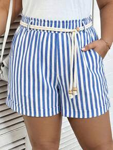 SHEIN LUNE Plus-Size Women's Blue And White Striped High-Waisted Shorts,Summer Beach Vacation Holiday Nautical Bohemian Elastic Waistband Rope Belt Pocket Shorts - Blue and White - View 6