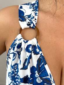 Islaluna V-Neck Tie-Waist Wide Leg Jumpsuit, Blue, Women's Romper, Casual Summer Outfit For Ladies - Blue - View 3