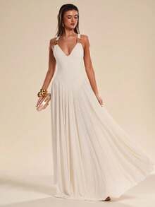 SHEIN BAE Đầm nữ dáng chữ A rộng rãi, màu trơn, kiểu dáng thường ngày, gợi cảm, đính kim loại, thích hợp cho kỳ nghỉ biển, khu nghỉ dưỡng biển, du lịch nghỉ mát, đầm đính kim loại, đầm đi biển, đầm trắng, đầm thanh lịch. - Màu be - Xem 4