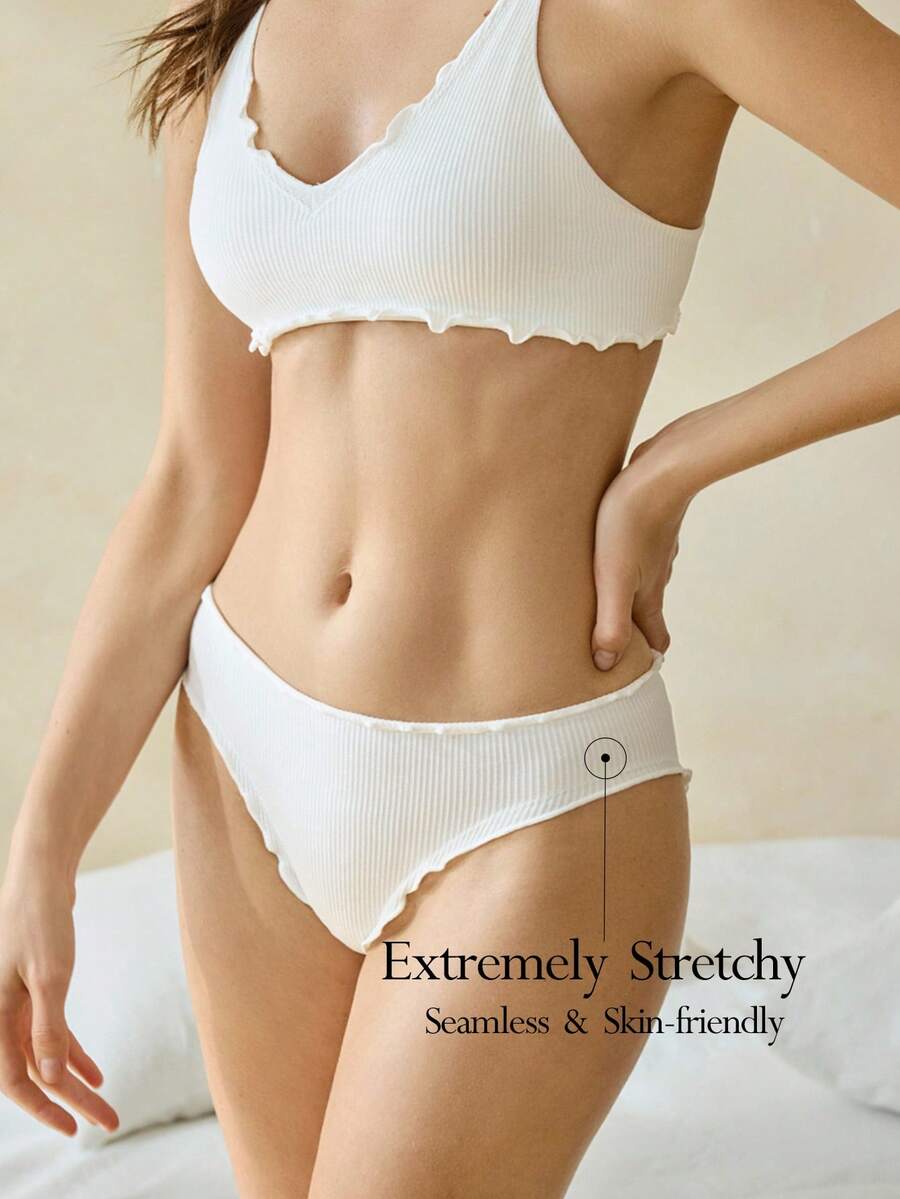 Ocili Women's Minimalist Comfortable Solid Color Ribbed Lettuce Trim Triangle Panties - White - View 1