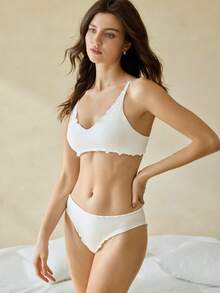 Ocili Women's Minimalist Comfortable Solid Color Ribbed Lettuce Trim Triangle Panties - White - View 5