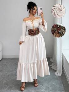 Selianne Women's Elegant Beige Autumn Boho Vacation Off-Shoulder Lace Ruffle Tie Bow Flare Sleeve Jacquard Floral Waist Belt A-Line Retro Palace Dress - Apricot - View 1